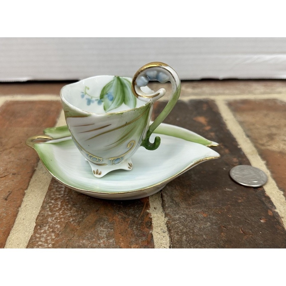 Vintage Ucagco China Demitasse Cup & Saucer Occupied Japan Green White Porcelain